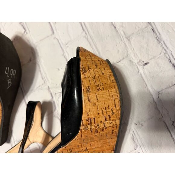Idore Womens Size 7 Cork Wedge Platform Sandal Black Glossy Leather Summer Night - Picture 9 of 12